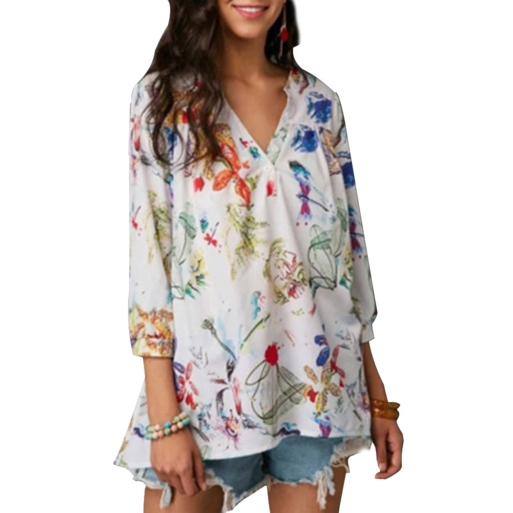 Весна Лето Женский Топ v образный вырез цветочный хип Длинная блузка шифон принт