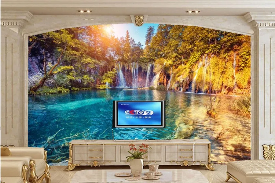 

Custom beautiful forest waterfalls Lake under the sun papel de parede,living room sofa TV wall bedroom photo wallpaper murals