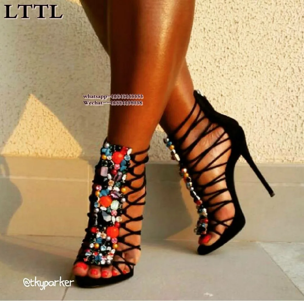 Женские сандалии гладиаторы бусины карамельного цвета босоножки на высоком каблуке шпильке со стразами и