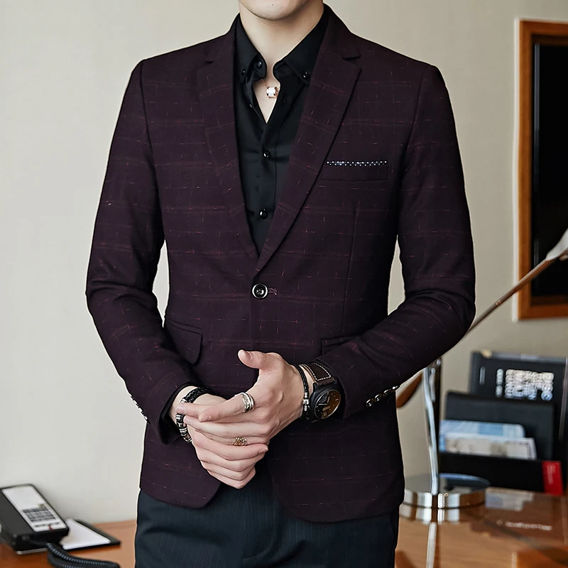 Plaid Check Blazer Men Gold Yarn Spring Autumn Blazer Masculino Slim Fit Chaquetas Hombre De Vestir Mens Vintage Blazer