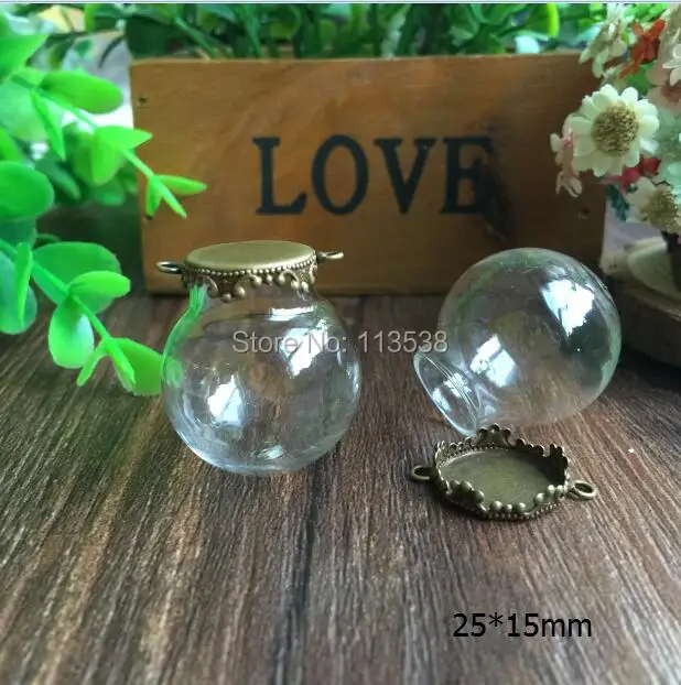 

Free Ship! *set* 50sets/lot 25*15mm (15mm opening) Glass globe with bronze color base set glass bottle DIY glass vials pendant