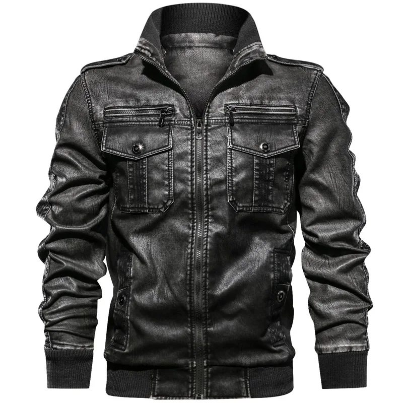 2902 black Мужские мотоциклетные кожаные куртки с капюшоном в стиле милитари, пальто со стоячим воротником, пальто из искусственной кожи с несколькими карманами, европейские размеры S-XXL, Jaqueta Couro - Цвет: 2902 black