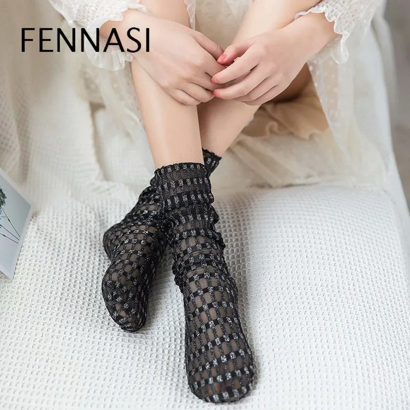 FENNASI 2 пары Harajuku женские нейлоновые носки с принтом модные японские яркие шелковые перламутровые сетчатые шелковые носки сексуальные женские носки