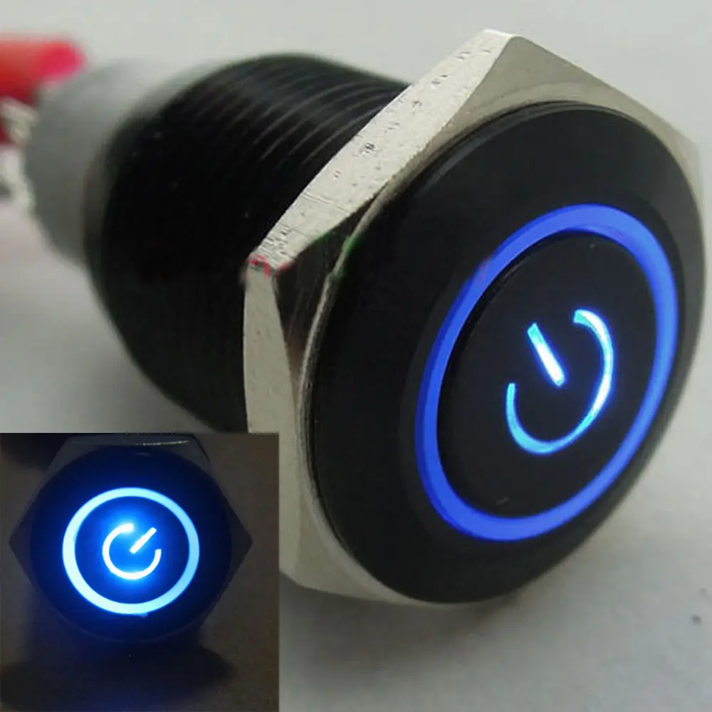 Кнопка переключения ON/OFF из черного металла EE support 4 шт. 12V 3A 16мм с символом и кругом из светодиодов (синий/красный/белый/зеленый) для автомобиля стилизации.