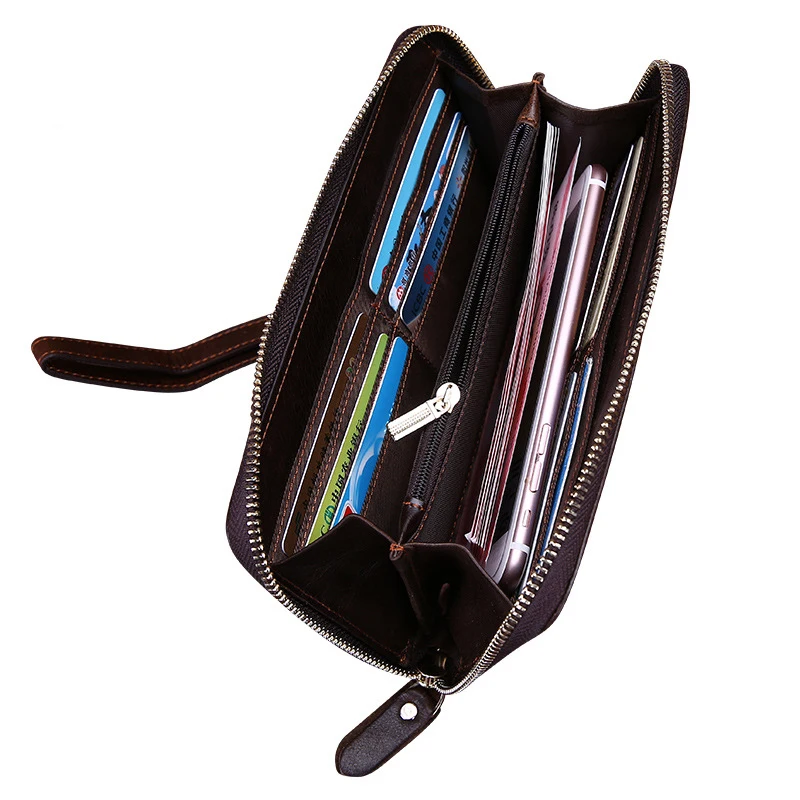 

Men Zipper Long Wallet Clutch Handy Card Holder Coin Pocket Oil Wax Cowhide Male Vintage Genuine Leather Money Wrist Bag Purse