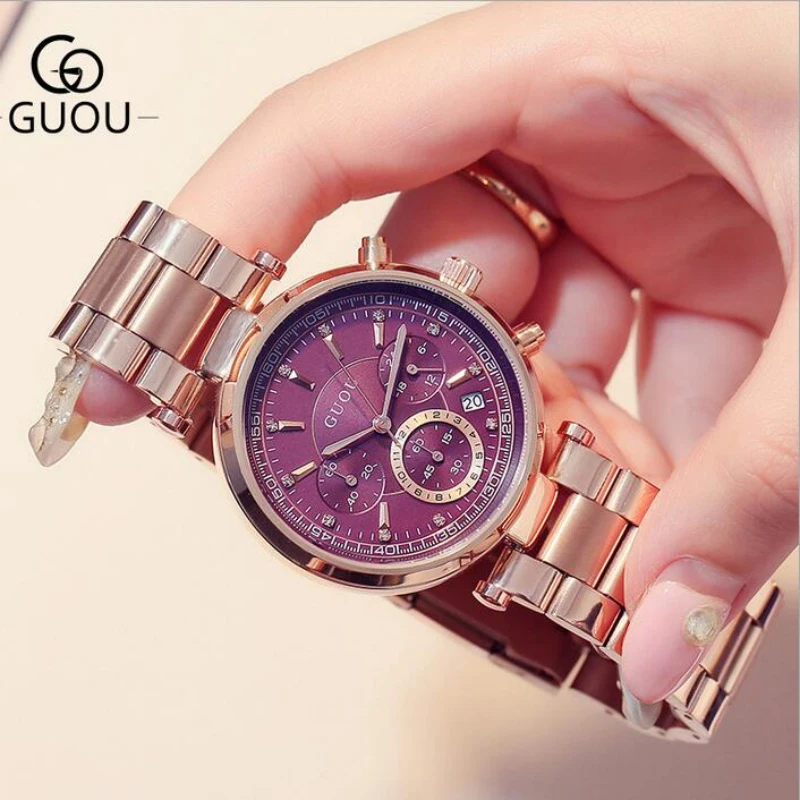 Женские Наручные Часы GUOU роскошные часы цвета розового золота модные женские