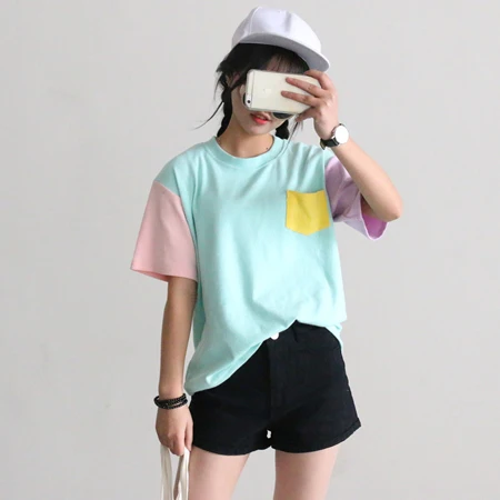 Женская футболка с коротким рукавом Повседневная Свободная составного кроя из