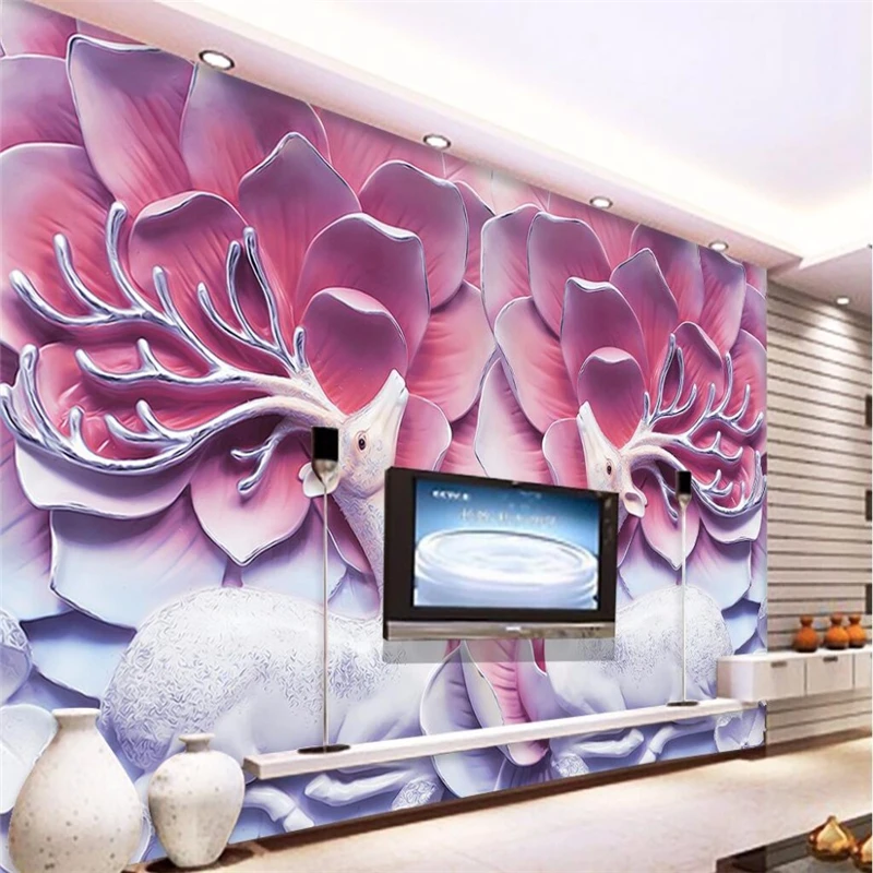 Обои для гостиной с изображением оленя и розового цветка|wallpaper mural|wallpaper murals