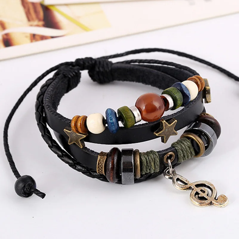 Boho Gypsy хиппи черный коричневый кожаный Звездный G Clef музыкальная нотка