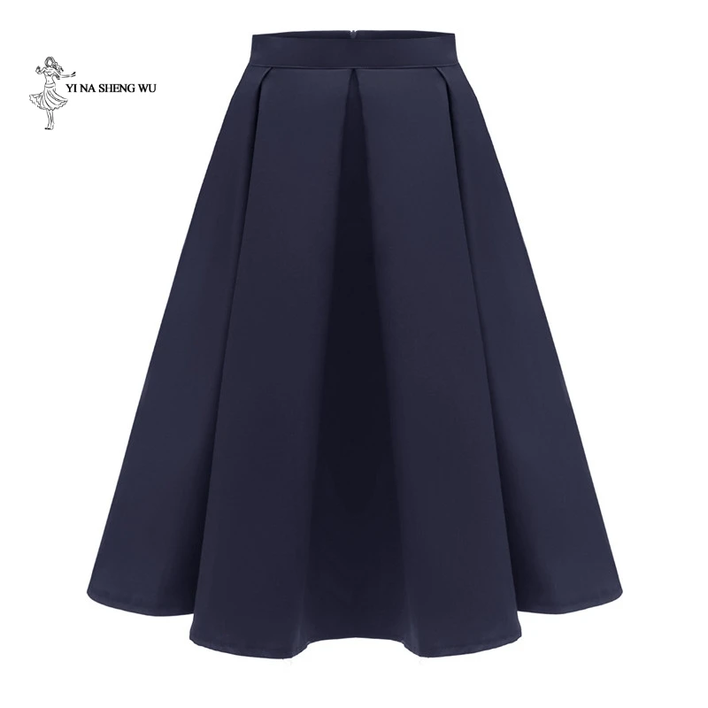 Royal blue Новая летняя женская винтажная плиссированная юбка с высокой талией длиной до колена, Женская трапециевидная юбка-зонт, большая юбка-качели, юбка для Бальных клубов - Цвет: Royal blue