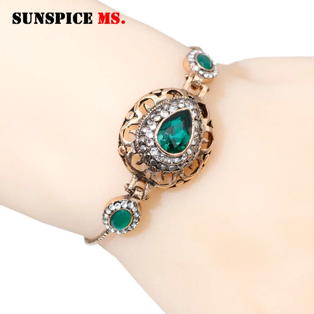 SUNSPICE MS vintage hollow flower sliding bracelet Dubai women wedding jewelry antique gold color adjustable wrist chain
