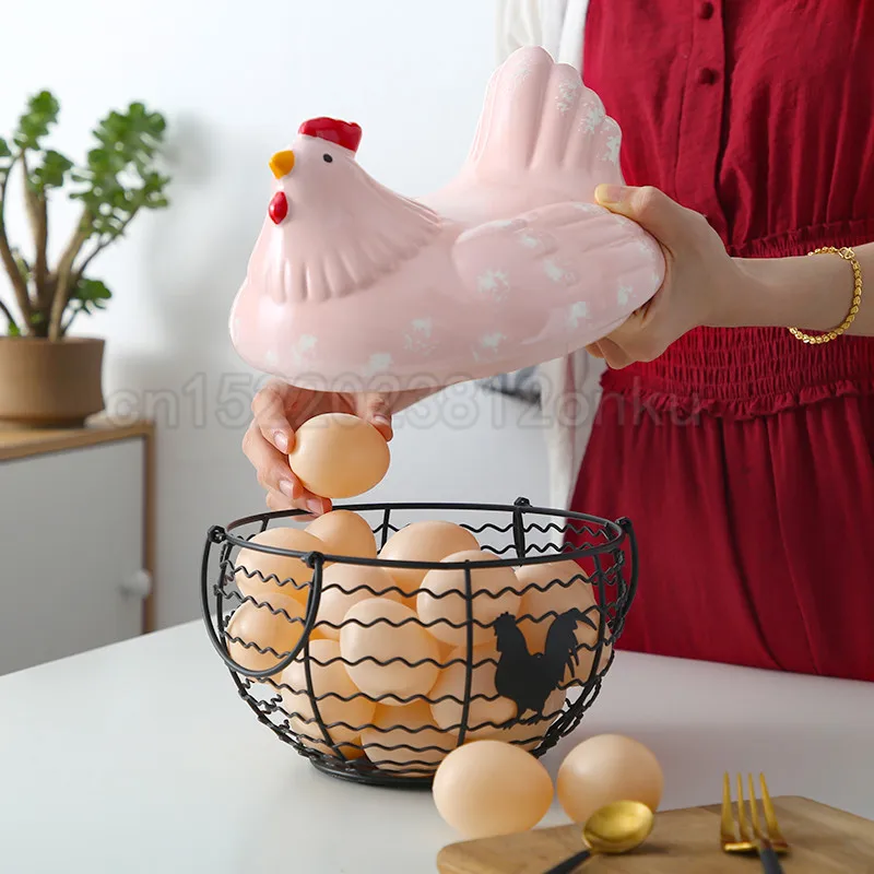 

New Arrived Iron Egg Storage Basket Snack Fruit Basket Creative Collection Ceramic Hen Oraments Decoration Kitchen Accessories