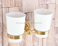 luxury bathroom golden polished toothbrush holder solid brass base dual ceramics cups wall mounted nba599