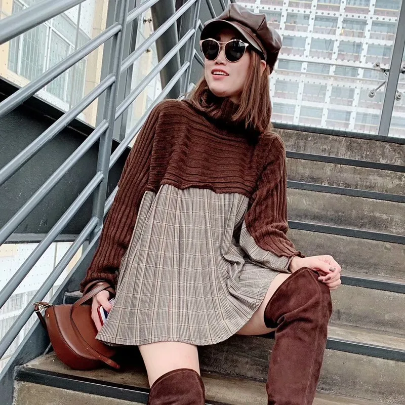 coffee sweater TWOTWINSTYLE Лоскутная плиссированная кромка клетчатый пуловер Топы женские с длинным рукавом корейский Повседневный свитер Женская мода осень Новинка - Цвет: coffee sweater