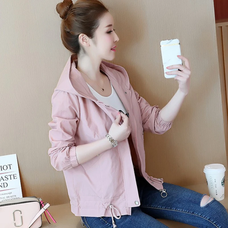 2020 Spring Autumn Women's Windbreaker Jacket Long-sleeved Loose Casual Hooded Plus Cotton Short Coat Outerwear Size W92 | Женская