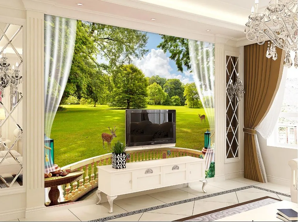Пользовательские 3d обои Европейский стиль балкон лес пастбище пейзаж олень фон