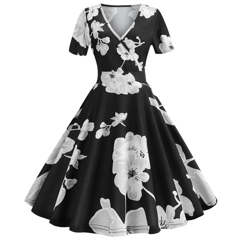 2019 летние женские винтажные 1950 s Ретро с коротким рукавом принтом вечернее платье