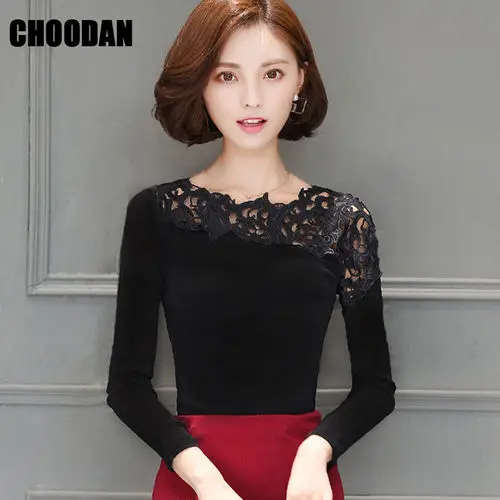 black shirt Блуза с длинным рукавом, Женская хлопковая кружевная Лоскутная рубашка, весна-осень, Корейская элегантная Офисная Женская одежда - Цвет: black shirt
