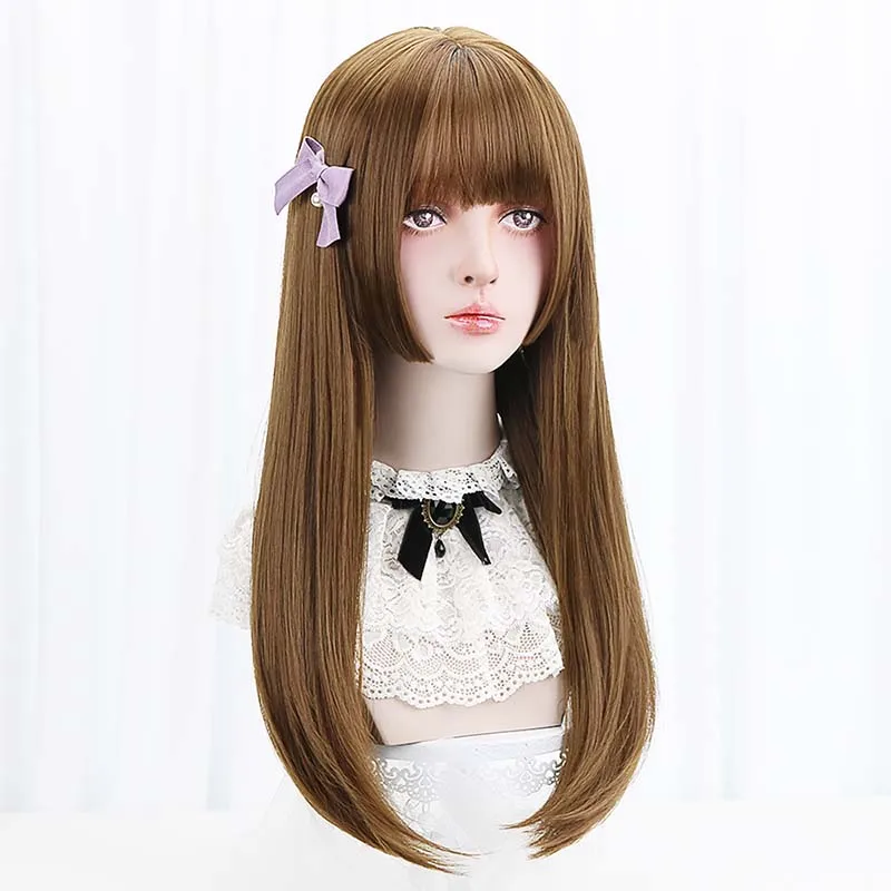 

26"Long Straight Cosplay Lolita Wigs With Bangs Brown Ombre Synthetic Hair Japan Harajuku Cosplay Wigs For Women Heat Resistant