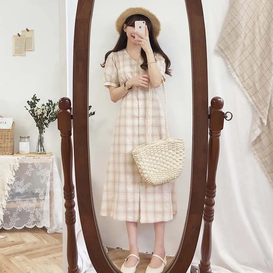 Большие размеры; летнее платье для девочек; Boho вечерние женские винтажные платья; клетчатый кардиган с пуговицами; женские платья с коротким рукавом; длинное платье; Vestido