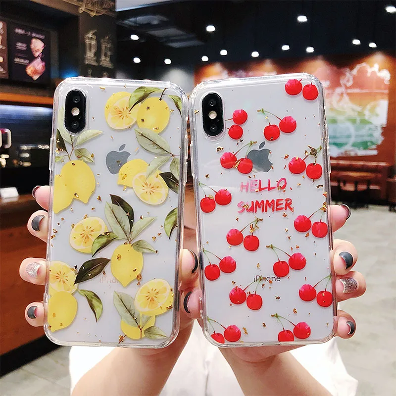 Luxury Gold Foil Bling Case For iPhone X XS Max XR Phone Cases Soft TPU Cover 7 8 6 6s Plus Glitter Fruit Cherry |