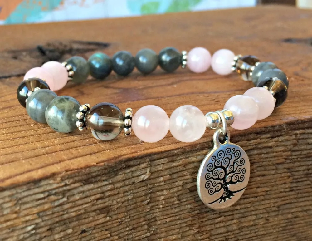 

Браслет 8 мм из розового, дымчатого, кварцевого и Лабрадорита, модный браслет с деревом жизни мала-йога, сбалансированный, для снятия стресса...