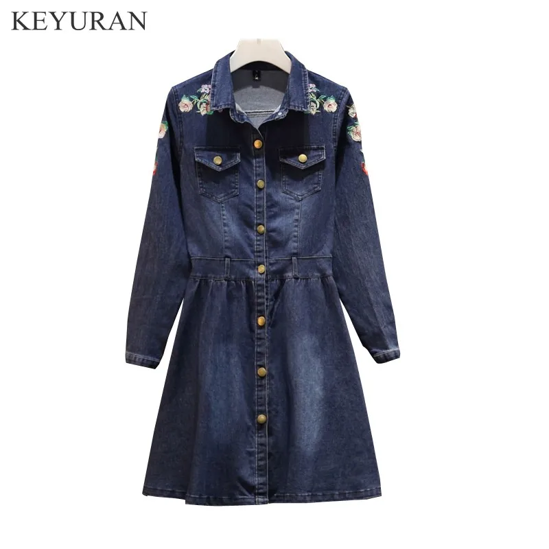 Elegant Spring Autumn Chic Floral Embroidery Dresses Long Sleeve A-Line Women Casual Denim Lapel Single-breasted Dress Big Size | Женская