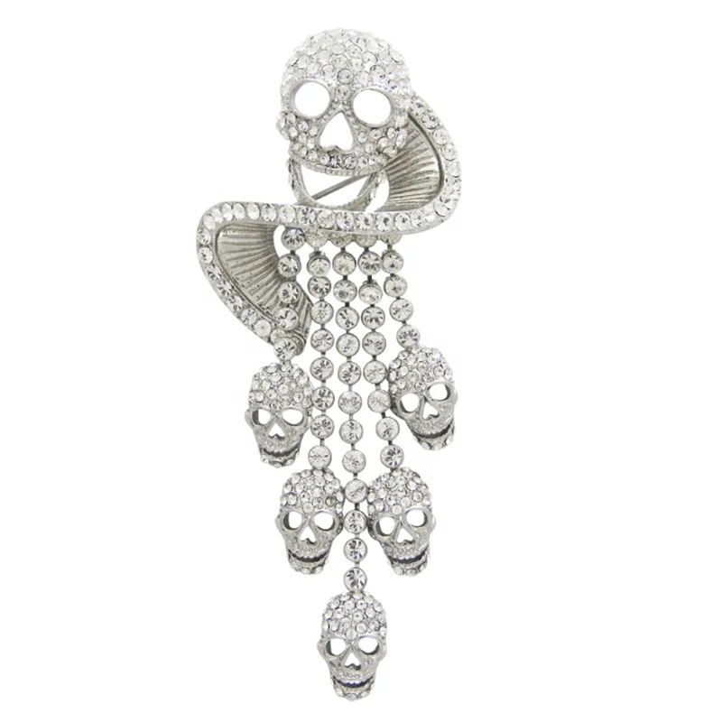 Silver Plated Аксессуары для Хэллоуина Кристалл Броши с черепом с 5 цепочкой Череп Дьявол нагрудные булавки брошь ювелирные изделия - Metal color: Silver Plated