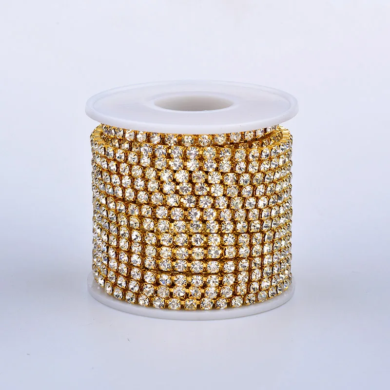 Gold Clear Stones JUNAO Высокое качество SS6 8 10 12 16 18 серебряное золото основа стеклянные стразы плотная цепочка прозрачные кристаллы Аппликации, отделка страз окантовка - Цвет: Gold Clear Stones
