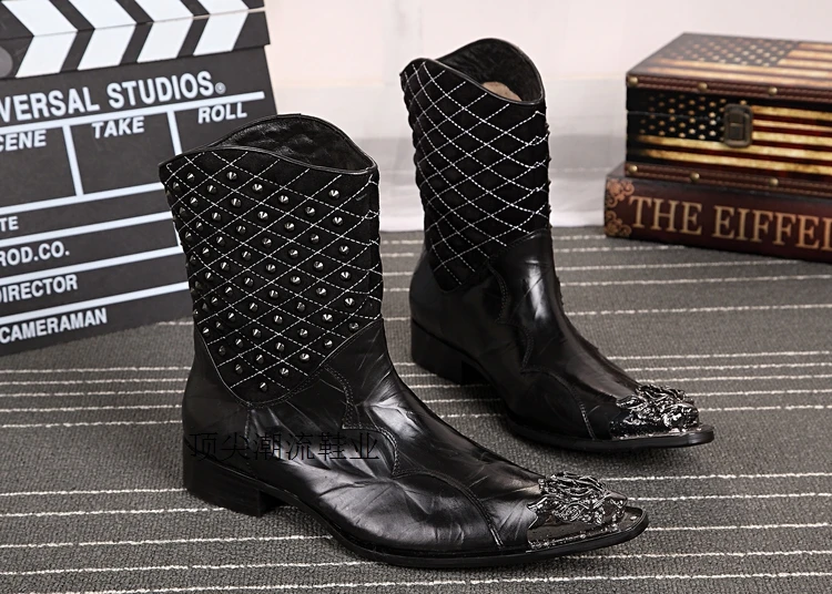 

Hot selling red/black color cowhide leather slip on ankle boots iron head men's high quality riding booties chaussure homme EU46