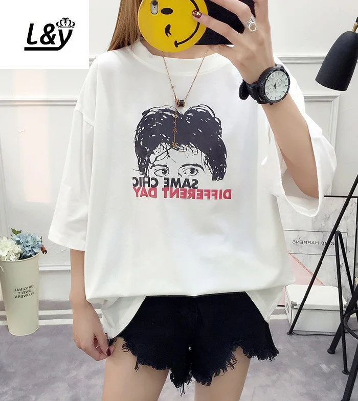 L &amp Y характер печати над Размеры d футболка лето Vestido Эйнштейн пуловер О-образным
