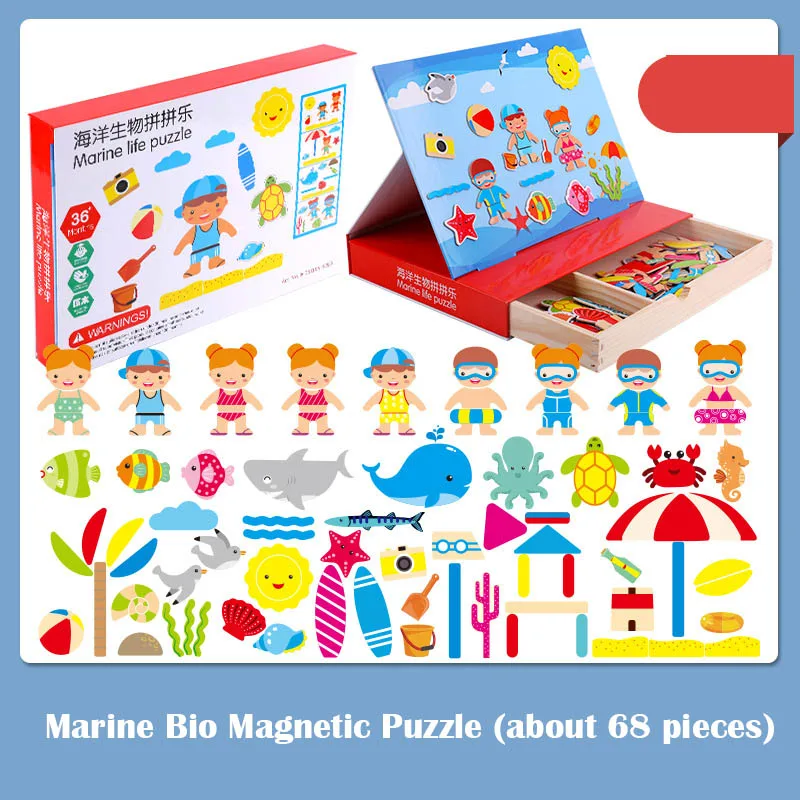 Marine NEW Magnet Puzzle Toys Kids Educational Toys Animal Traffic Dressing Face Game Set Reusable Stickers for Children Art Draft Gift - Цвет: Marine