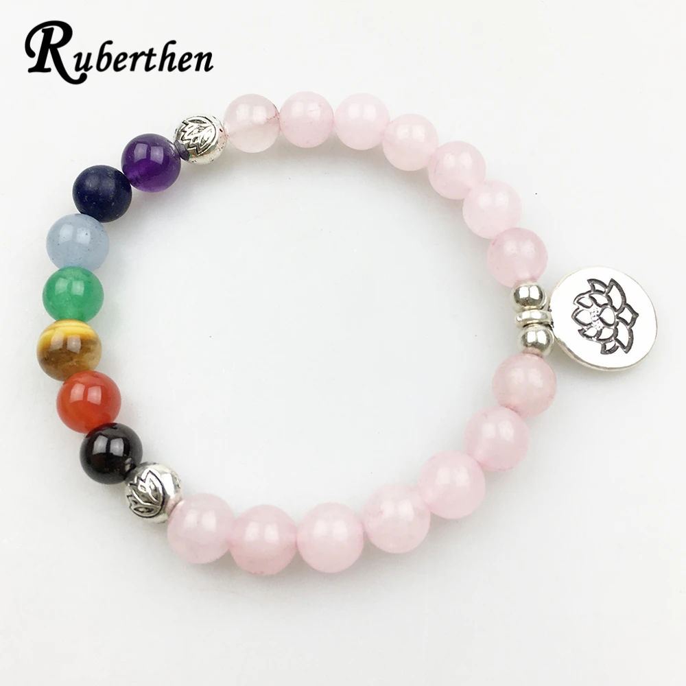Женский браслет Ruberthen в винтажном стиле балансировка йоги 7 чакр розовый кварц