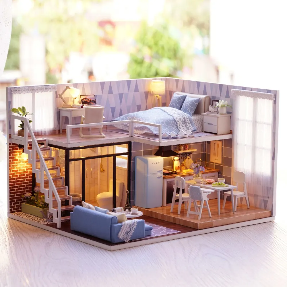 DIY Миниатюрный Лофт кукольный домик мини 3D деревянный дом миниатюрная мебель
