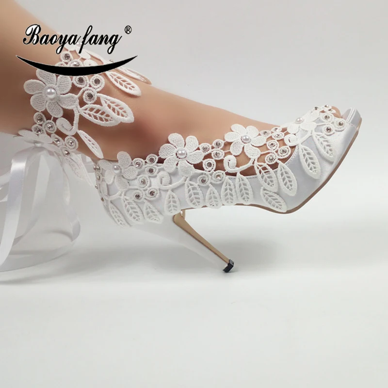 BaoYaFang New Lace-Up fashion shoes For woman White Flower Wedding shoes Ankle Strap High shoes Party dress shoe