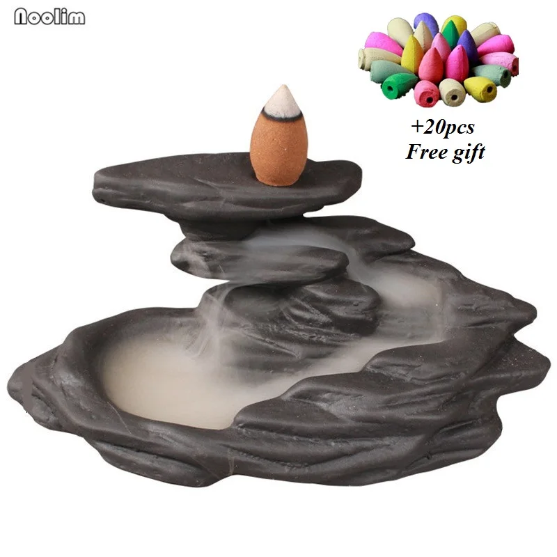 With 20pcs Mixed Креативная горная горелка для благовоний с водопадом, керамическая палочка, курильница с обратным потоком, горелка для домашнего ароматерапии+ 20 конусов для благовоний - Цвет: With 20pcs Mixed