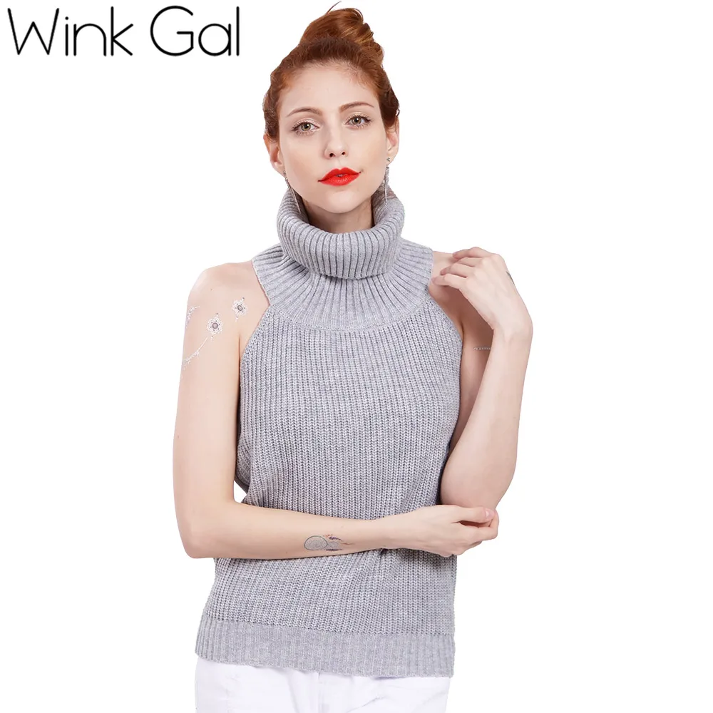 Wink Gal осенне-зимний вязаный джемпер с открытой спиной и высоким воротником