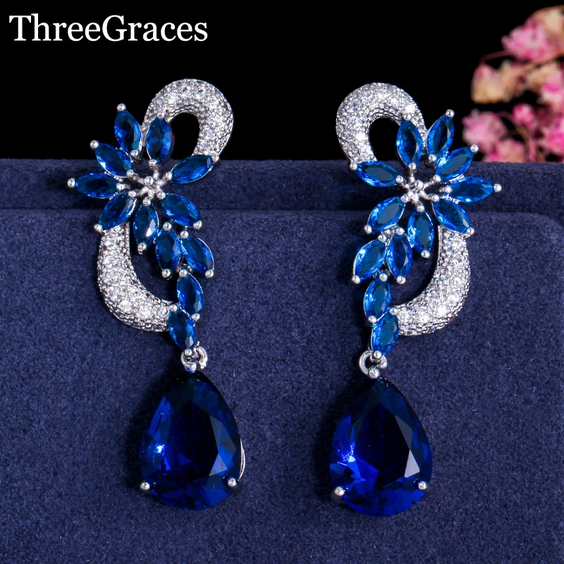 ThreeGraces элегантные королевские серьги из голубого камня с кубическим цирконием и кристаллами Длинные свадебные серьги-капли для свадебного украшения ER005