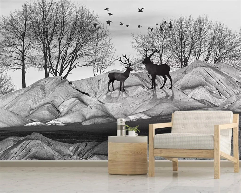 beibehang Wallpaper Custom 3D Nordic Minimalist Black Mountain Big Tree Flying Bird Elk Photo Mural Wall Living Room Background |