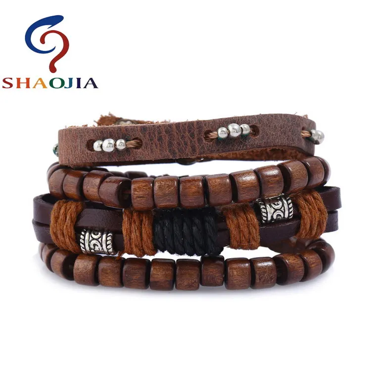TZ095 SHAOJIA 4 шт./компл. панк Винтаж дерево из бисера Making браслет из бисера цинковый сплав кожа Обёрточная бумага Браслеты для Для женщин Для мужчин Геометрическая ювелирные изделия - Окраска металла: TZ095