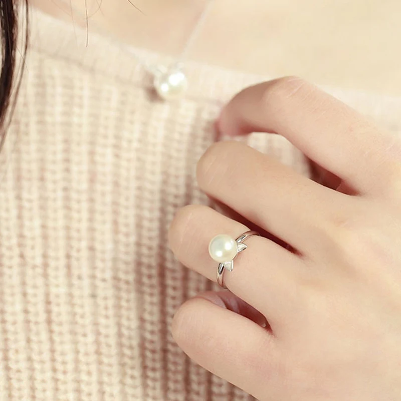 Женское кольцо с пресноводным жемчугом черное кошачьими ушками свадебное