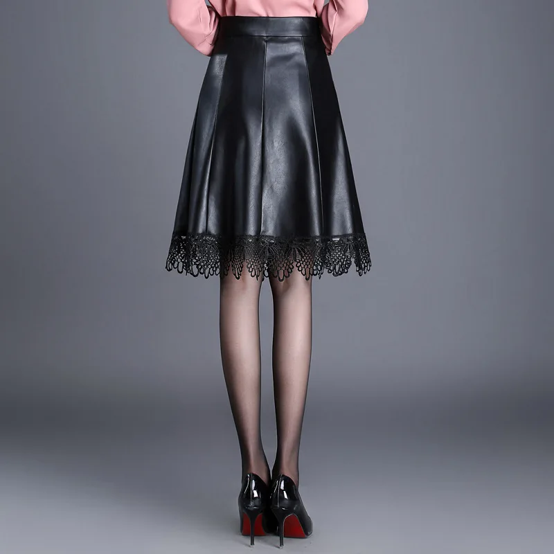 Женская юбка из ПУ кожи черная свободная облегающая с высокой талией и кружевом в