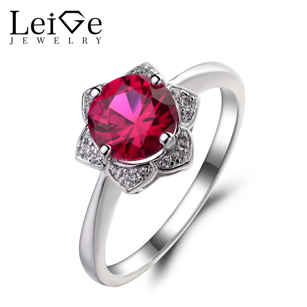 

Leige Jewelry Lab Ruby Engagement Wedding Rings 925 Sterling Silver Ring Round Cut Red Gemstone July Birthstone Rings for Women