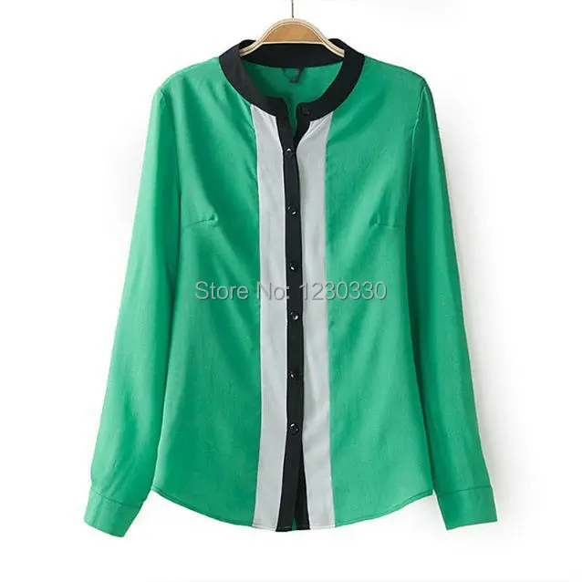 free pp bestdress elegant Spliced patchwork green Blouses long sleeve casual slim shirts stand collar tops walsonstyles |