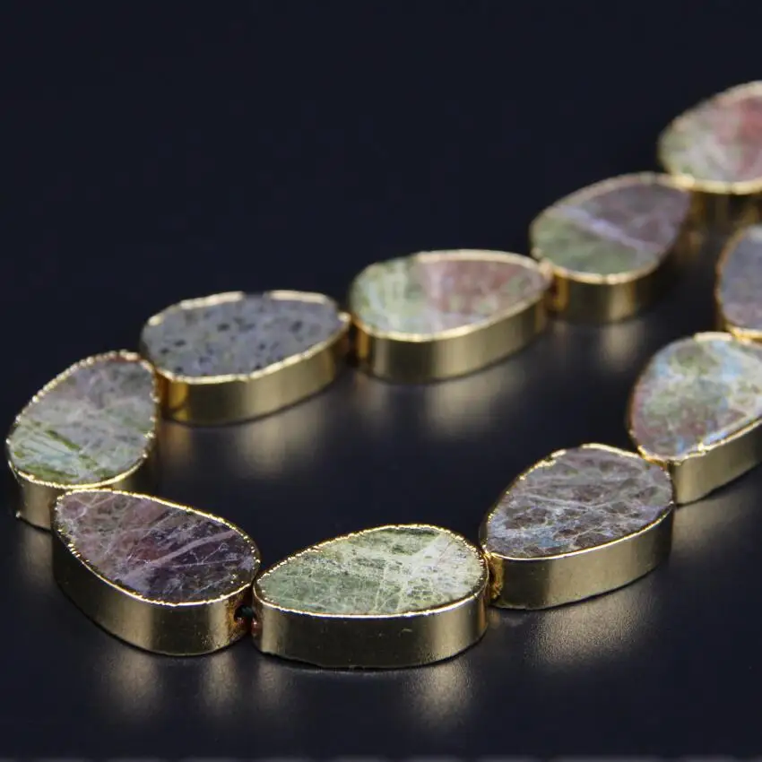 

Unakite stone center drilled Flat Teardrop beads Pendants,Plating gold Edged gems stone Slab bracelets Jewelry making,11pcs