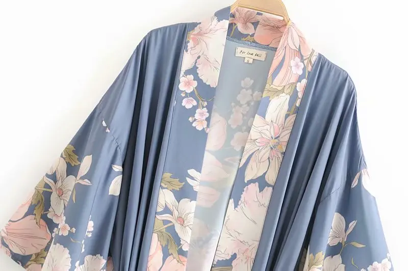 Boho Винтаж цветочный принт пояса для женщин богемный V образным вырезом рукава летучая мышь дамы блузки happie Макси кимоно Халат