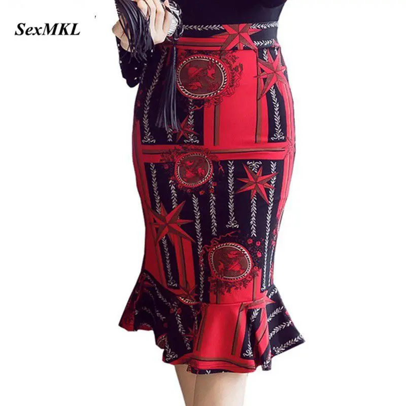 

S-5XL Women Skirts 2022 Winter Elegant Sexy High Waist Skirt Vintage Office Ladies Formal Print Long Pencil Skirts Red Oversized
