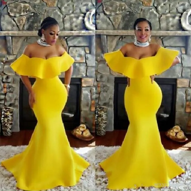 

Yellow Formal Dresses Mermaid Evening Gowns Long Robe De Soiree Custom Made Floor Length Sleeves Formal Gown Ruffles