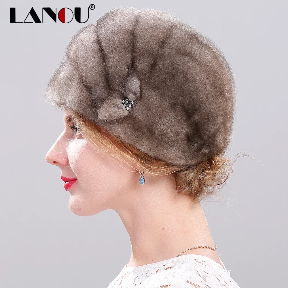 Женская зимняя обувь норки Кепки Регулируемый целый кусок Мех животных шапочка с