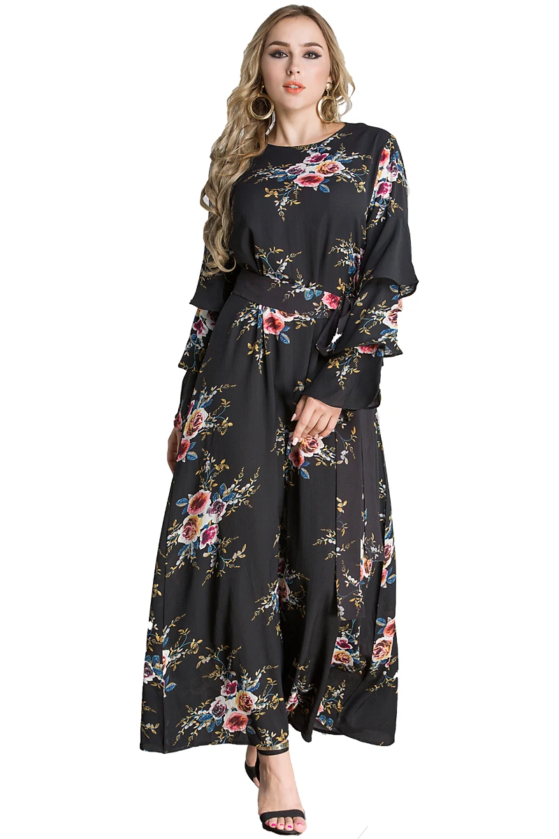 

Fashion 2019 spring new Europe and the United States long-sleeved printing waist tie chiffon dress women autumn loose trend